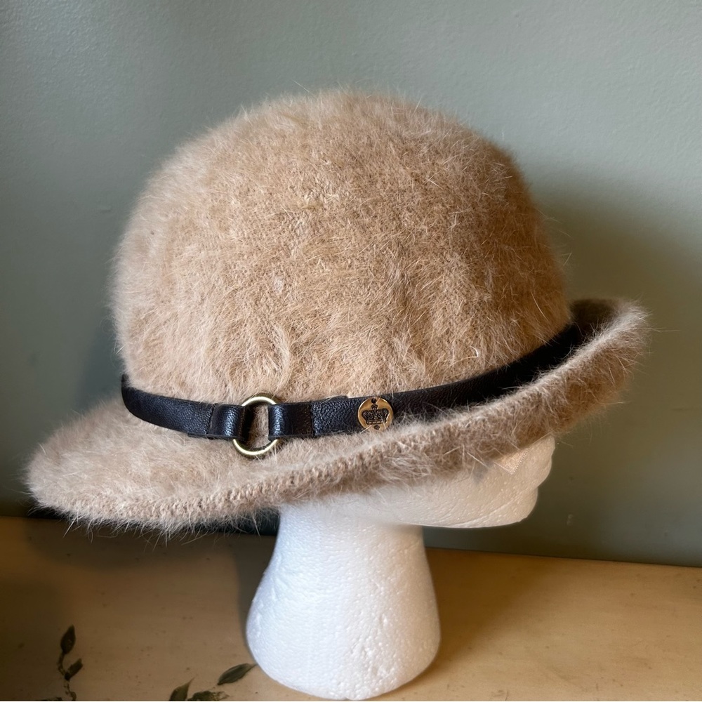 Vintage Juicy Couture Tan Rabbit Fur Mix Brown Leather Strap Fedora Hat